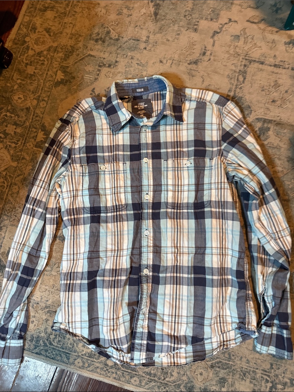 Lee Men’s Navy and Light Blue Plaid Button-Down Shirt